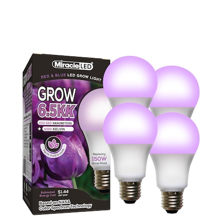 Miracle Led 6.5KK Indoor Grow Light Bulb, 6500K Red & Blue Spectrum Replace 150W Grow Bulbs, 4PK 801900